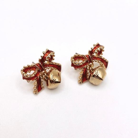Vintage Red Enamel Bow Earrings with Dangling Bell - Picture 4 of 4